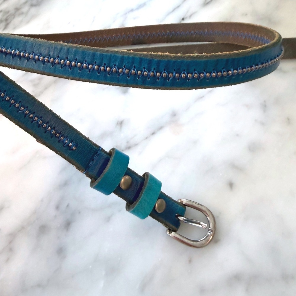 VTG 80s Bambrown Turquoise Blue Studded Leather Skinny Belt Silver Sz L / 95